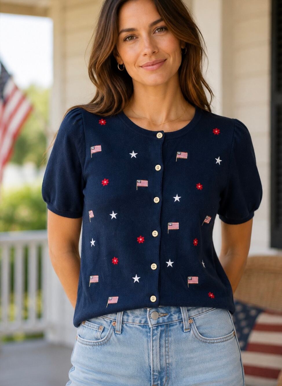 Teddi patriotic knit cardigan button front sweater embroidered flag stars Large